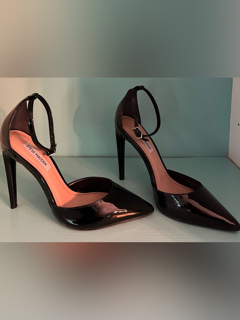 Steve Madden Black Patent Pointed Ankle-Strap Stilettos Size 8.5M